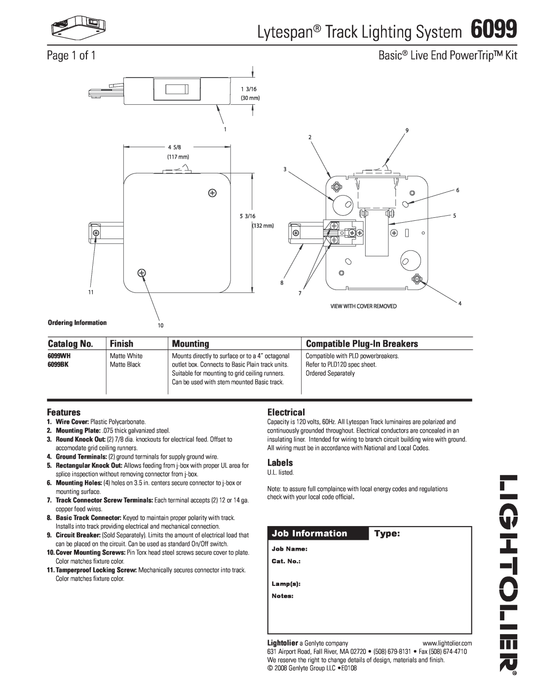 Lightolier 6099 manual Lytespan Track Lighting System, Page 1 of, Basic Live End PowerTrip Kit, Catalog No, Finish, Labels 