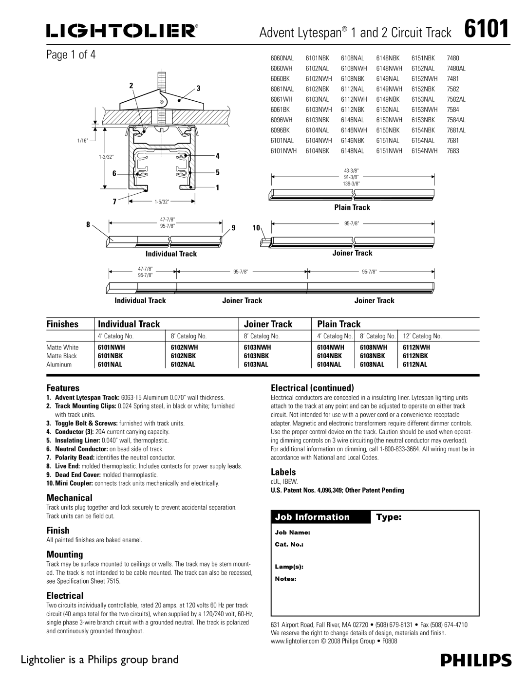 Lightolier 6101 manual Finishes, Joiner Track Plain Track, Features, Mechanical, Mounting, Electrical, Labels 