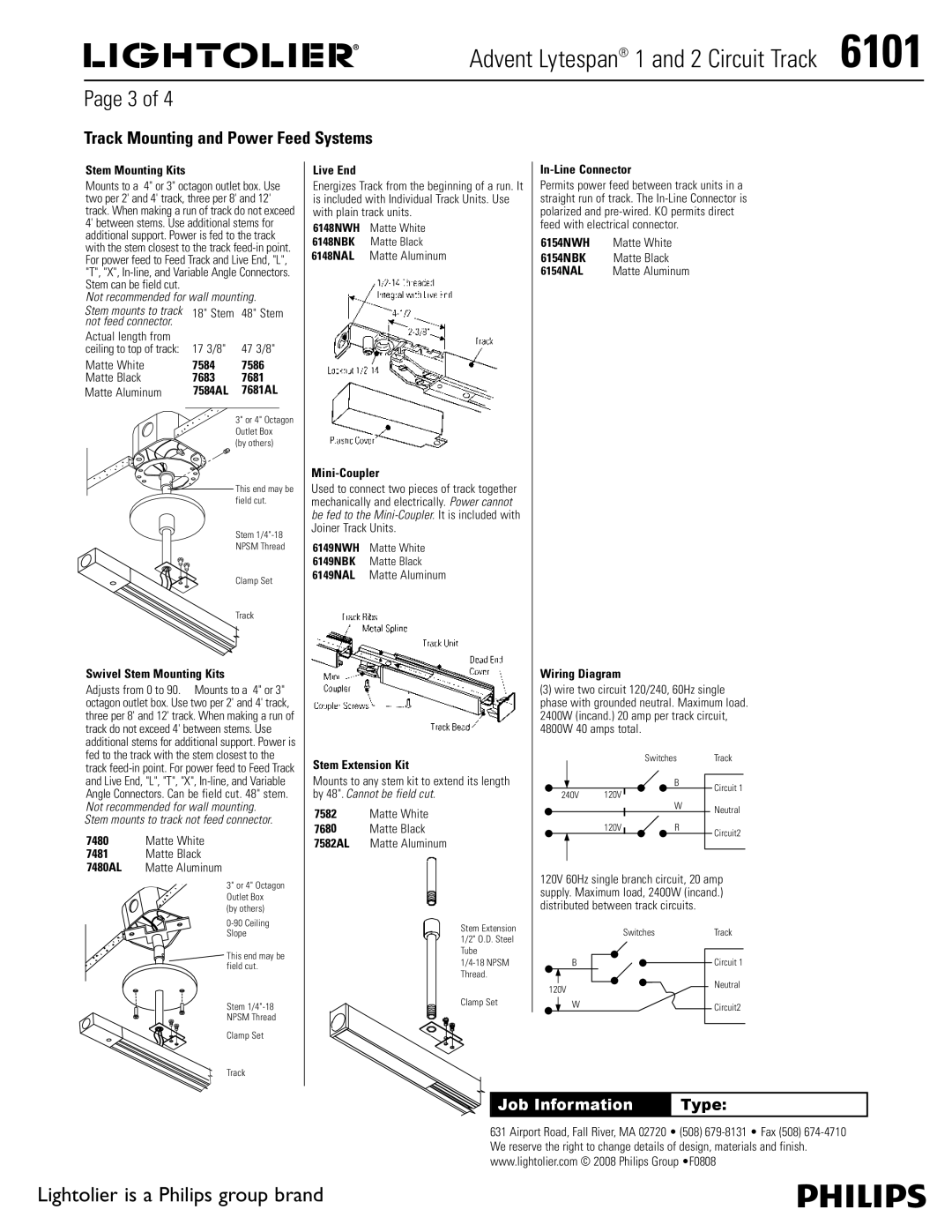 Lightolier 6101 manual Stem Mounting Kits, 17 3/8, Matte White 7584 7586 Matte Black 7683 7681 Matte Aluminum, Mini-Coupler 