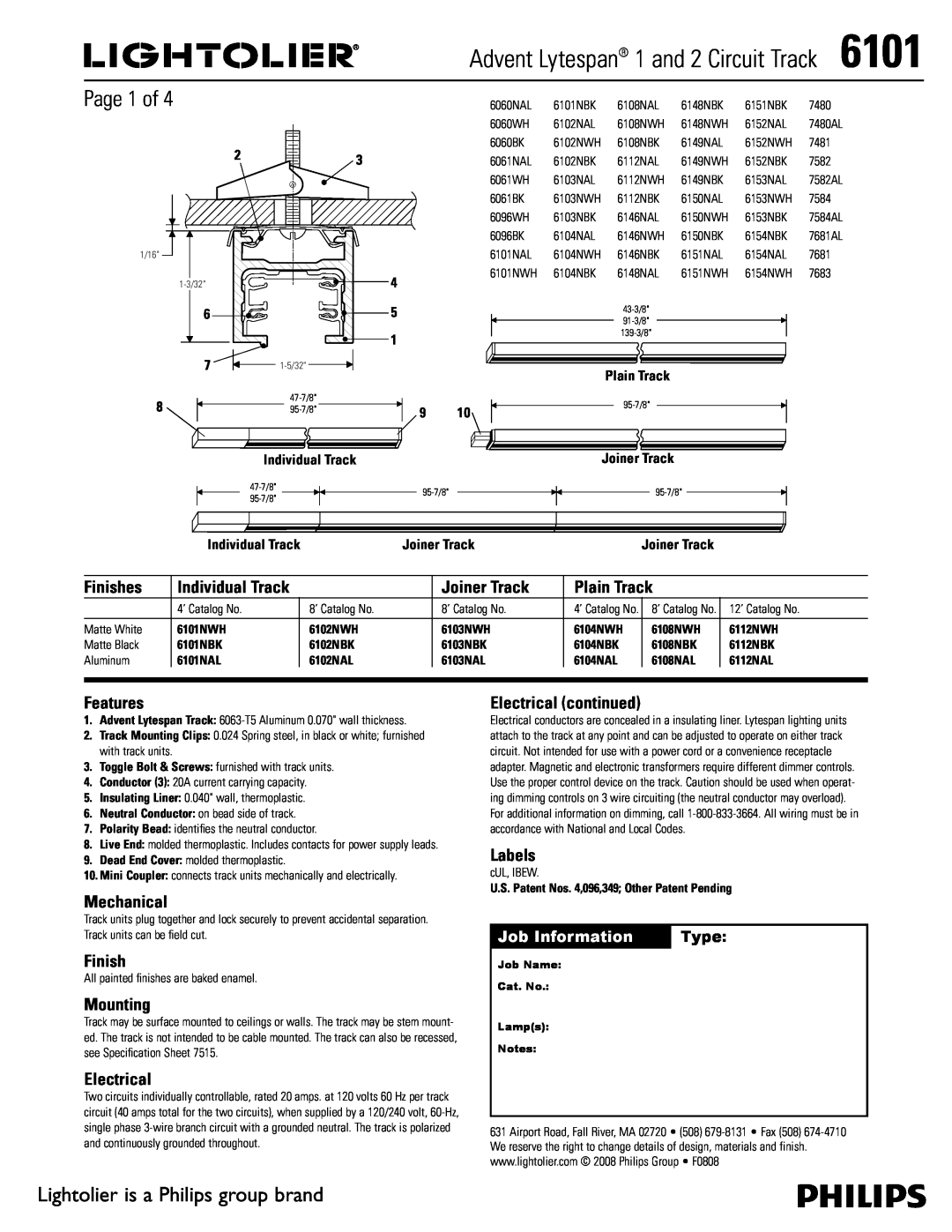 Lightolier 6101 manual Page 1 of, Lightolier is a Philips group brand, Finishes, Joiner Track, Plain Track, Features 