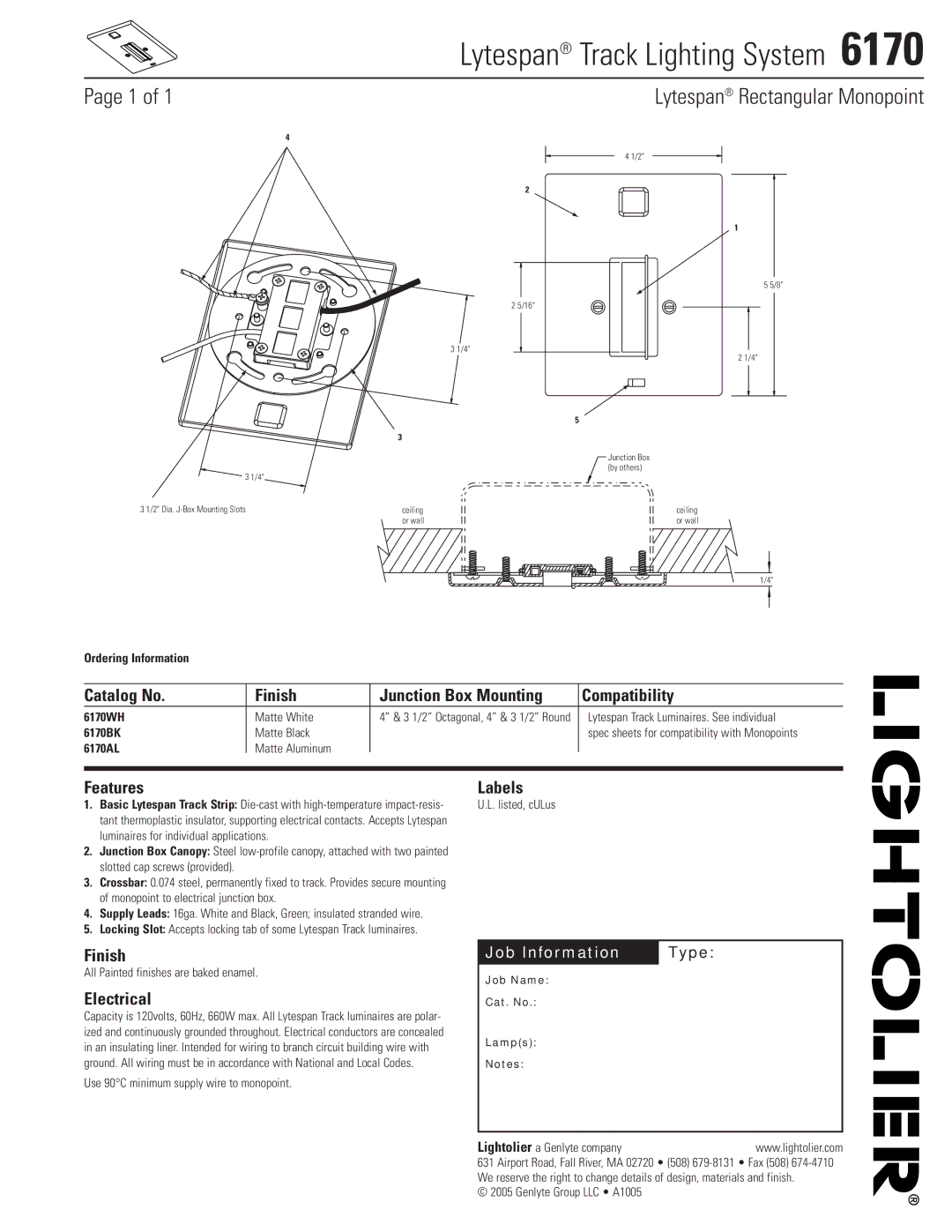 Lightolier 6170 manual Lytespan Track Lighting System, Lytespan Rectangular Monopoint, Features Labels, Electrical 