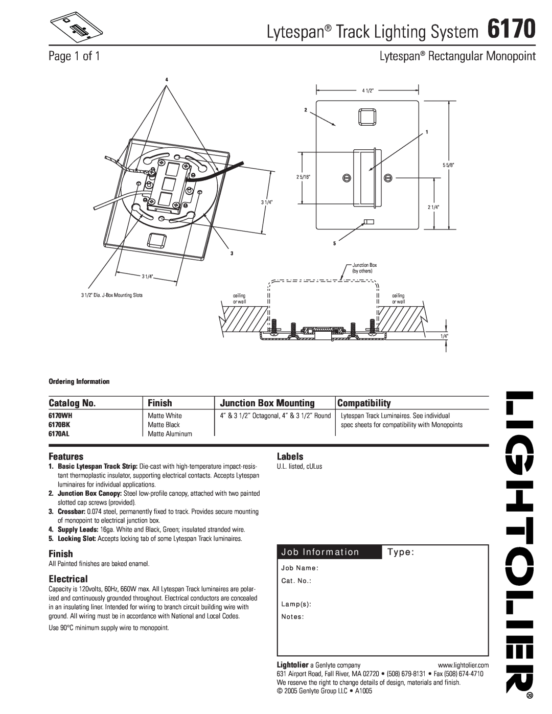 Lightolier 6170 manual Lytespan Track Lighting System, Page 1 of, Lytespan Rectangular Monopoint, Catalog No, Finish, Type 