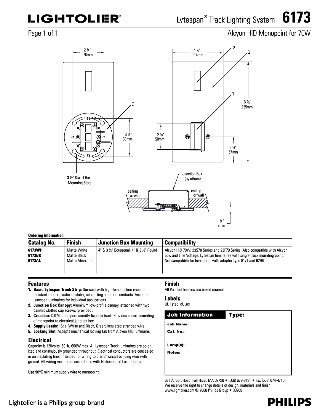 Lightolier manual Lytespan Track Lighting System6173, Alcyon HID Monopoint for 70W, Page 1 of, Catalog No, Finish, Type 