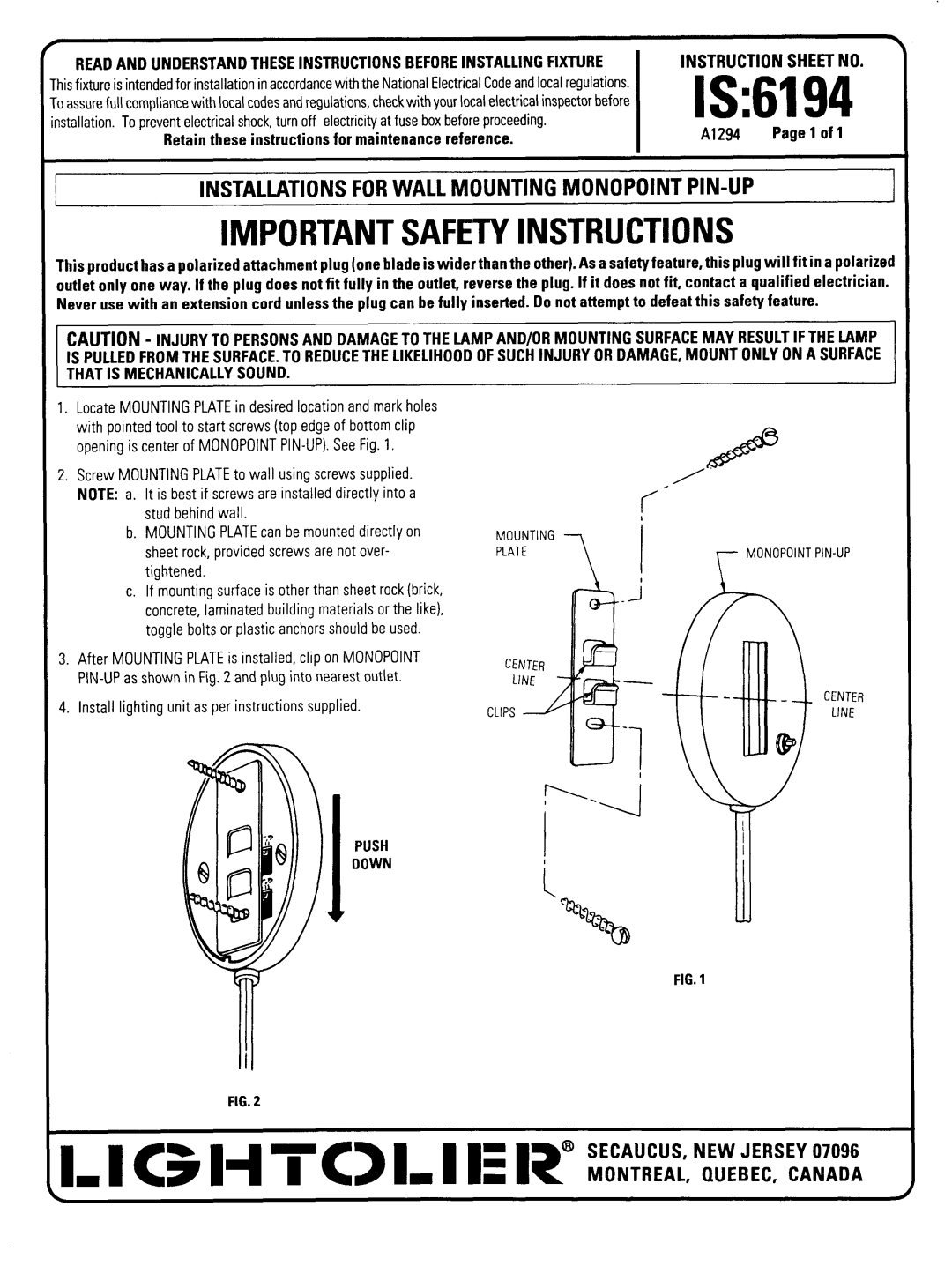 Lightolier important safety instructions IS6194, Important Safety Instructions, Monopoint PIN-UP 