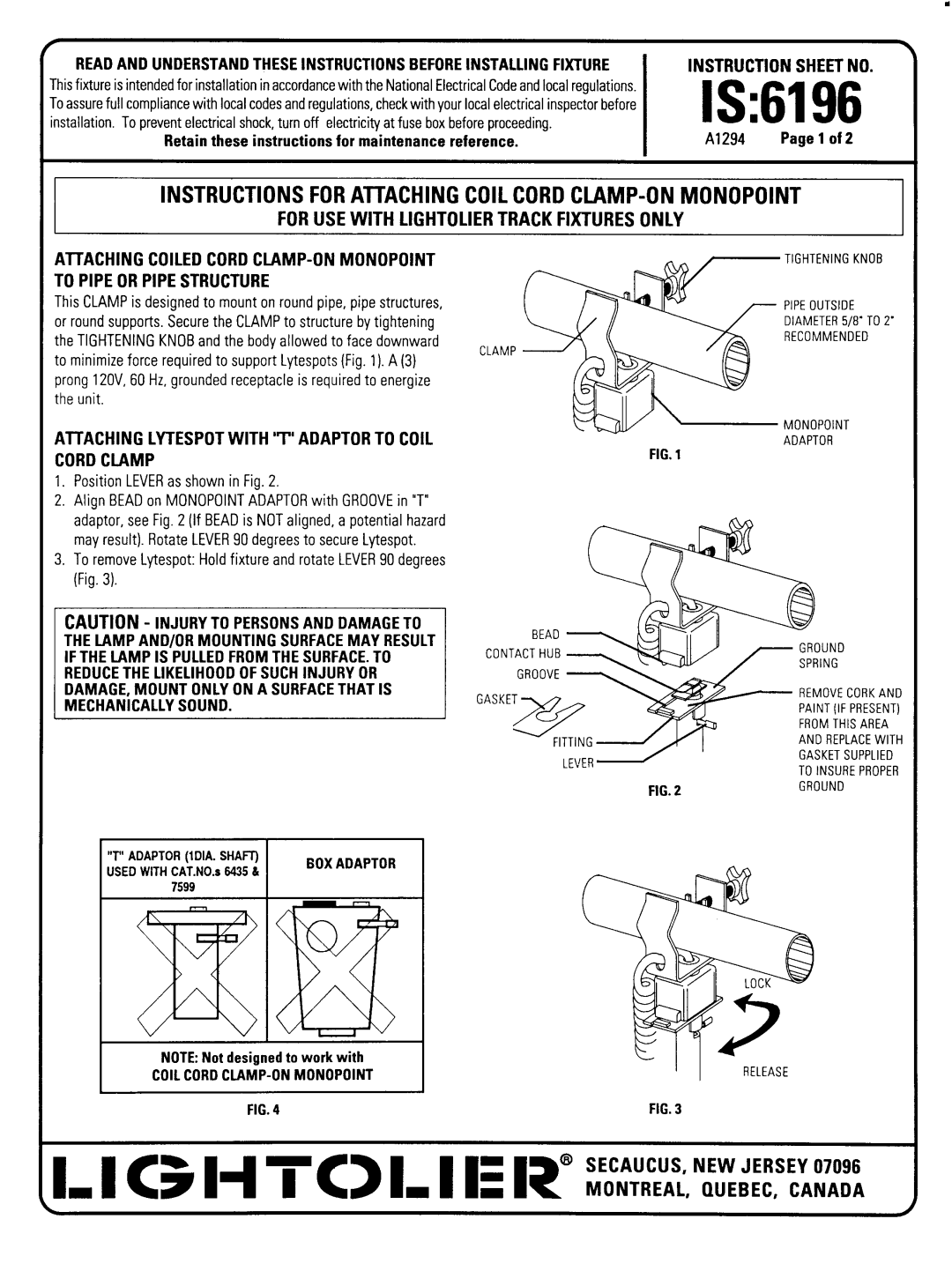 Lightolier 6196 instruction sheet 1-IC3H TC L IE R“E~~~~f~ ,N~~, For Use With Lightolier Track Fixtures Only, Is 
