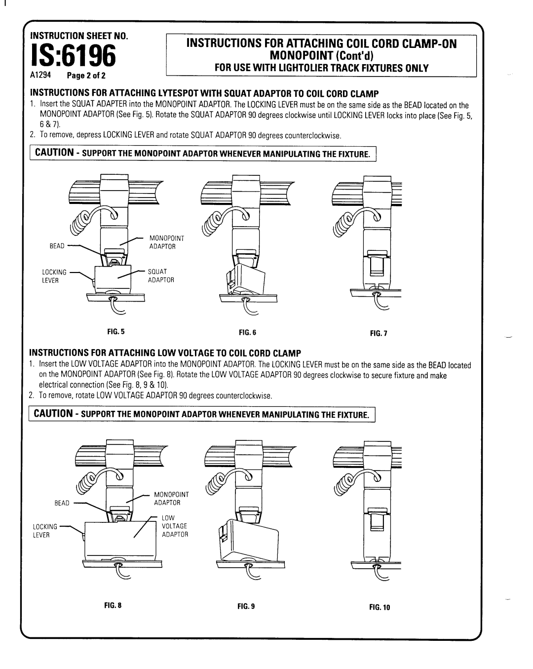 Lightolier 6196 instruction sheet 1S, Instructionsheetno, MONOPOINT Cent’d, Instructions For Aitaching Coil Cord Clamp-On 