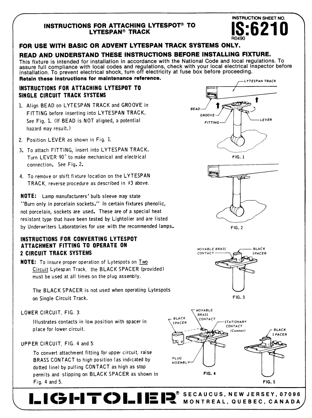 Lightolier instruction sheet IS6210, Instructions Lytespan Track, For Aitaching Lytespot, Circuit Track Systems 