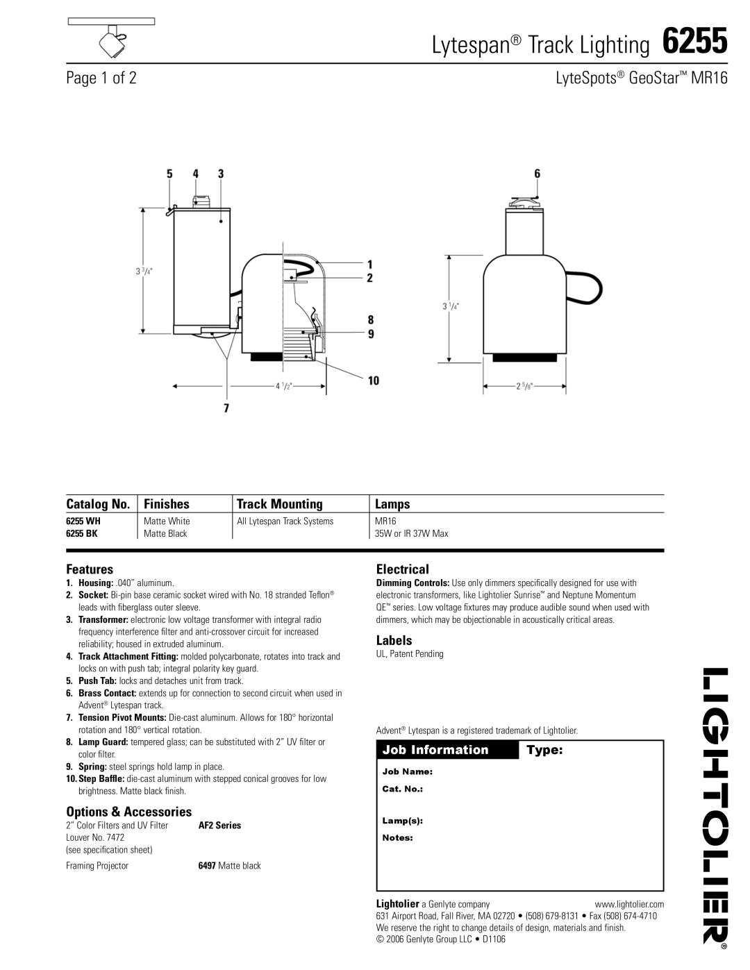 Lightolier 6255 specifications Finishes Track Mounting Lamps, Features, Options & Accessories, Electrical, Labels 