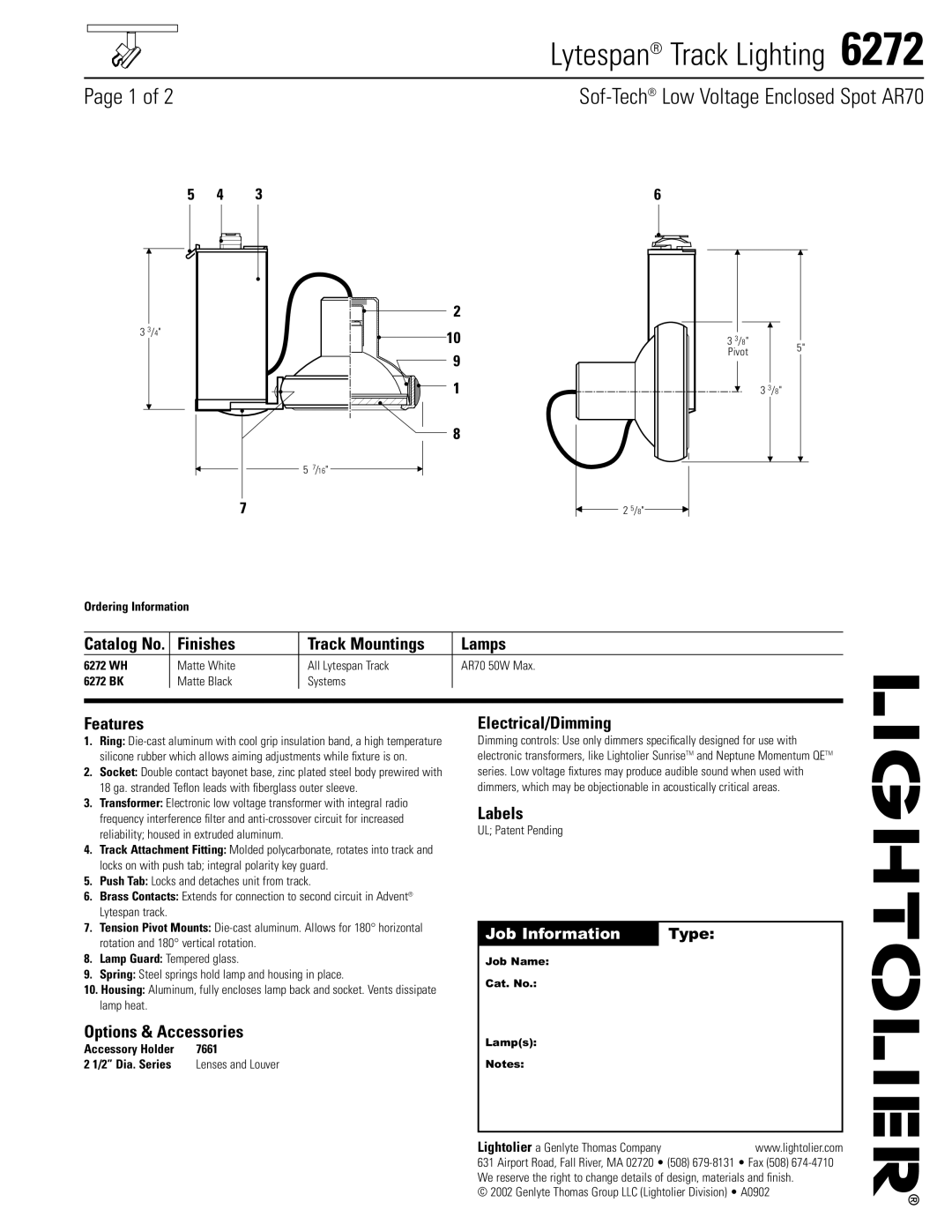 Lightolier 6272 manual Finishes Track Mountings Lamps, Features, Options & Accessories, Electrical/Dimming, Labels 