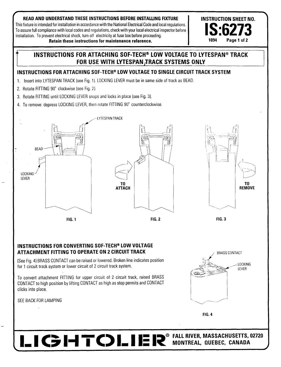 Lightolier instruction sheet IS6273, McH Tcx1E 1? MONTREAL,QUEBECCANADA, For USE with LYTESPANiTRACK Systems only 