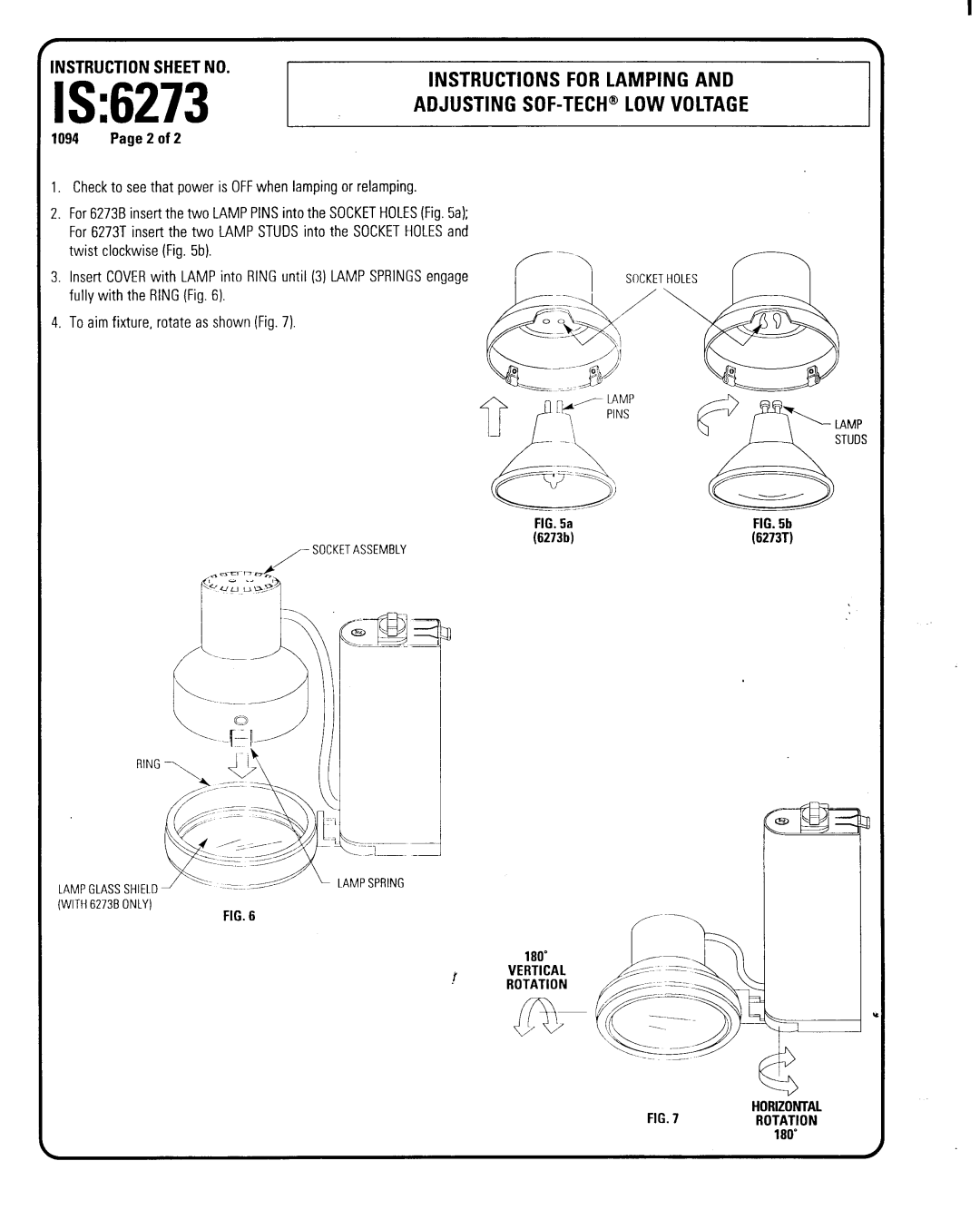Lightolier 6273 Instructions For Lamping And, Adjusting Sof-Tech@Low Voltage, Instruction Sheet No, b, rVERTICAL ROTATION 