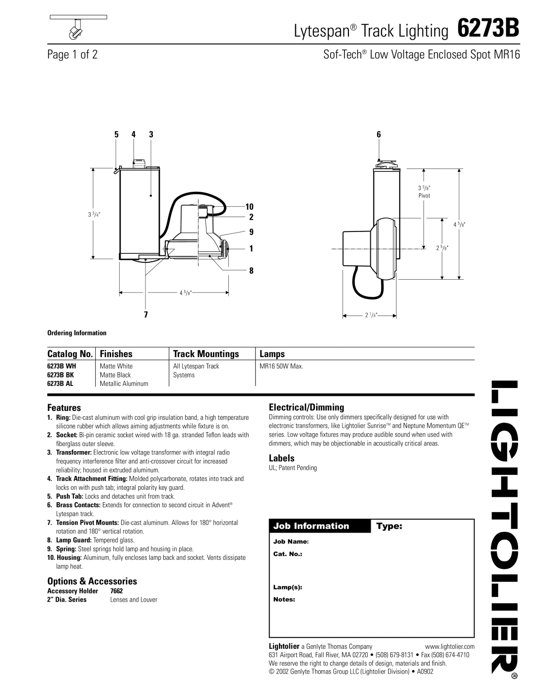 Lightolier 6273B manual Finishes Track Mountings Lamps, Features, Options & Accessories, Electrical/Dimming, Labels 