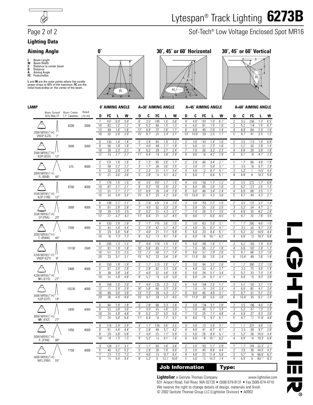 Lightolier 6273B manual Sof-TechLow Voltage Enclosed Spot MR16, Lighting Data Aiming Angle 