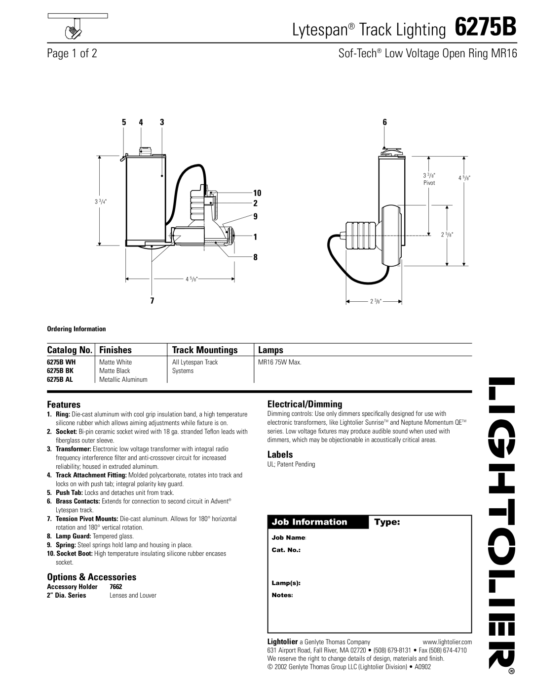 Lightolier manual Lytespan Track Lighting 6275B 
