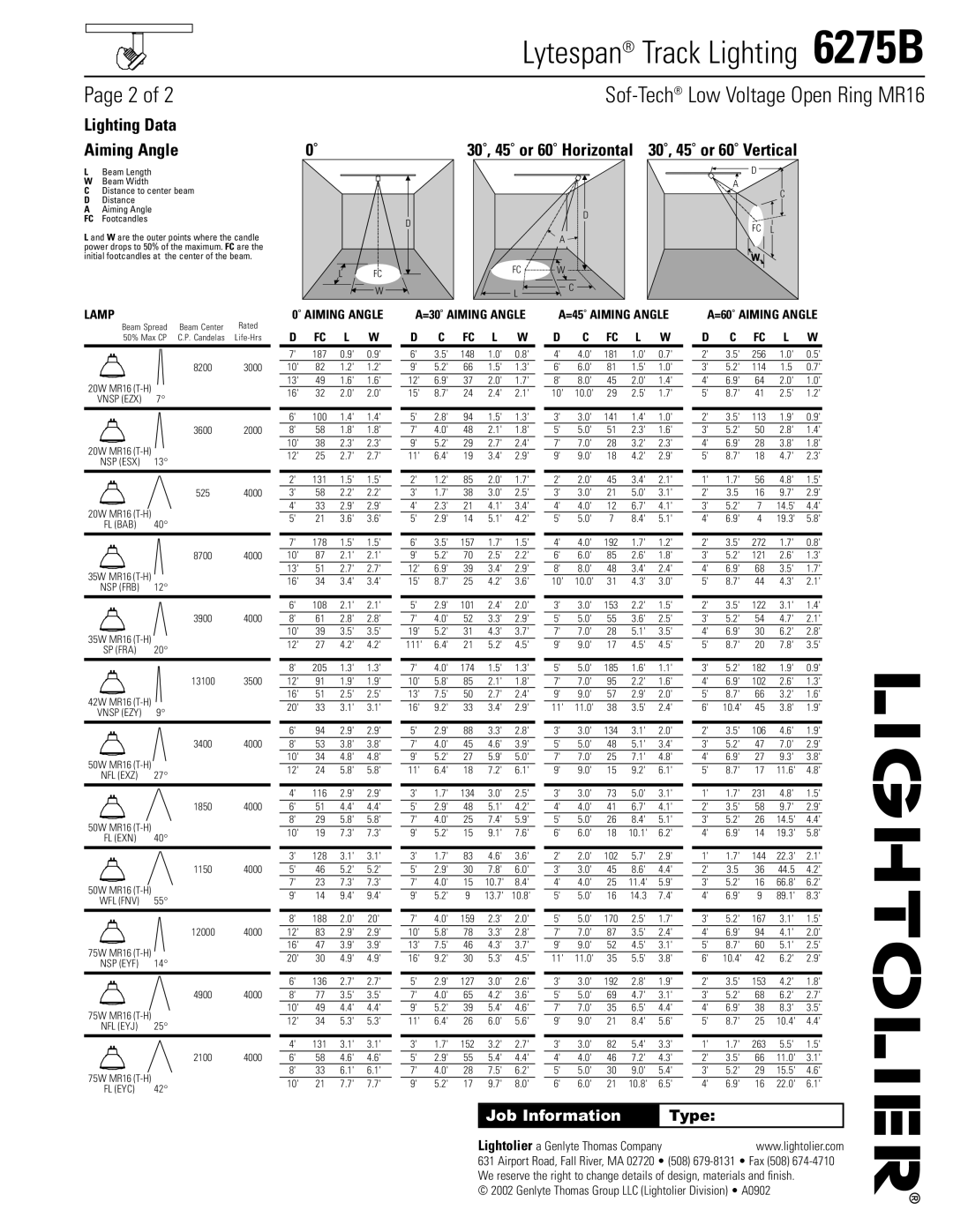 Lightolier 6275B manual Job Information, Type, Lamp, =45˚ Aiming Angle =60˚ Aiming Angle FC L W 