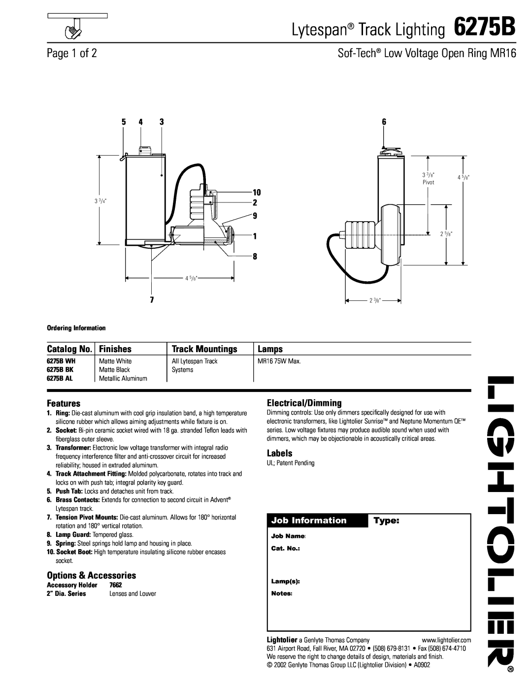 Lightolier manual Lytespan Track Lighting 6275B, Page 1 of, Sof-Tech Low Voltage Open Ring MR16, Finishes, Lamps, Type 