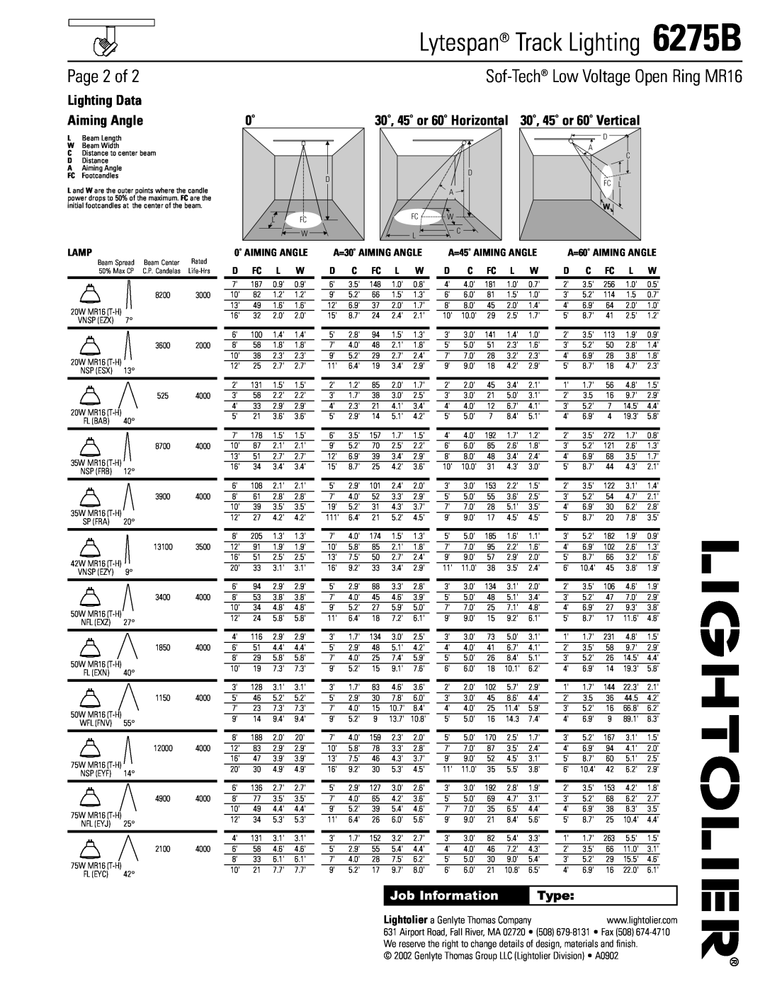 Lightolier Page 2 of, Lighting Data Aiming Angle, Type, Lamp, Lytespan Track Lighting 6275B, Job Information, D Fc L W 