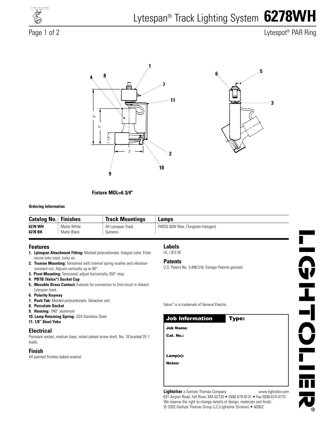 Lightolier manual Lytespan Track Lighting System 6278WH 