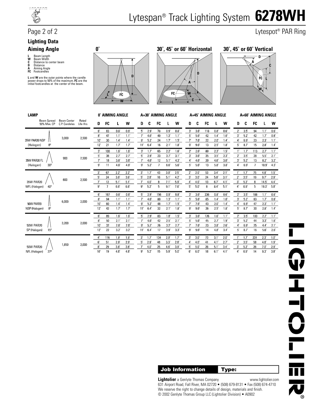 Lightolier manual Lytespan Track Lighting System 6278WH, Lytespot PAR Ring, Job Information, Type 