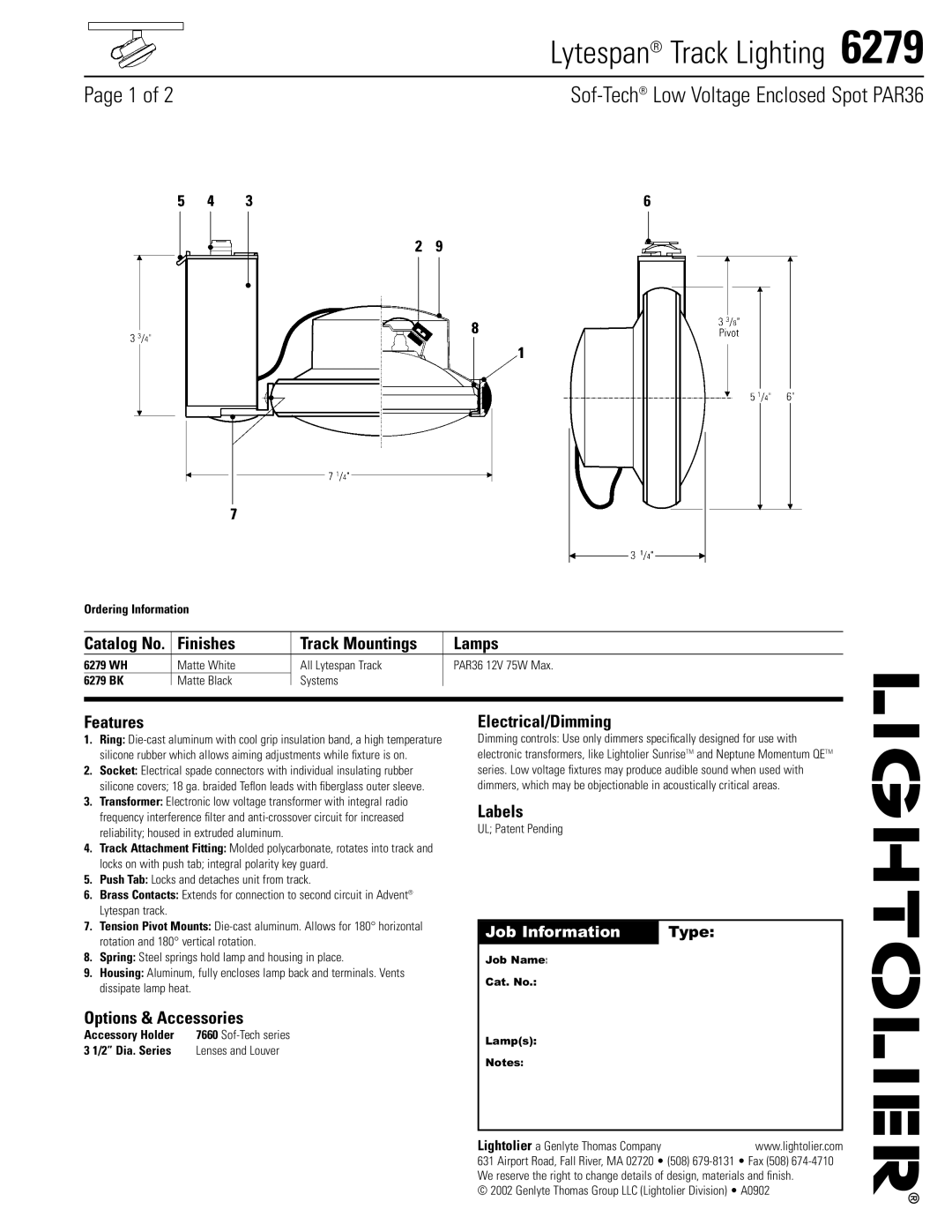 Lightolier 6279 manual Lytespan Track Lighting 