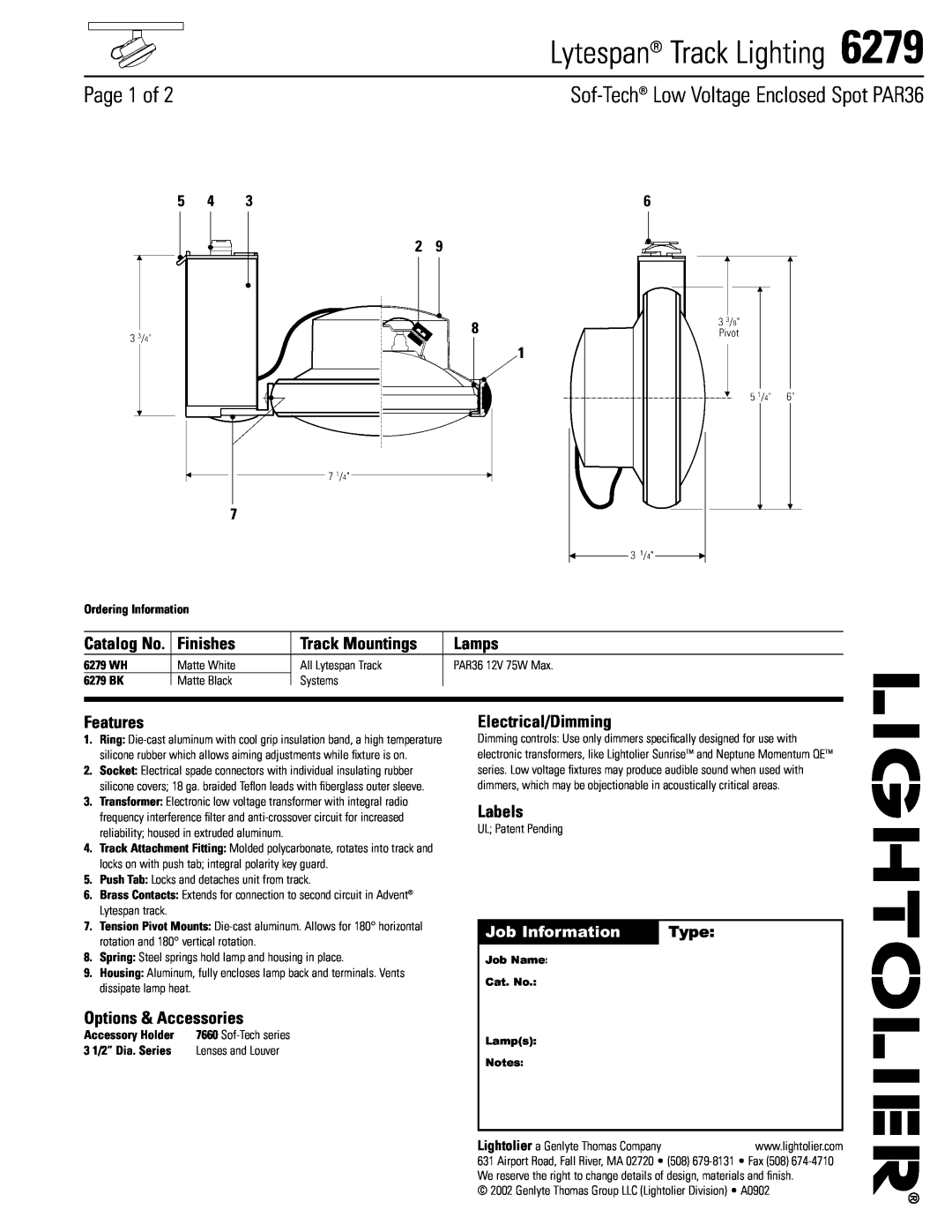 Lightolier 6279 manual Lytespan Track Lighting, Page 1 of, Finishes, Track Mountings, Lamps, Features, Electrical/Dimming 