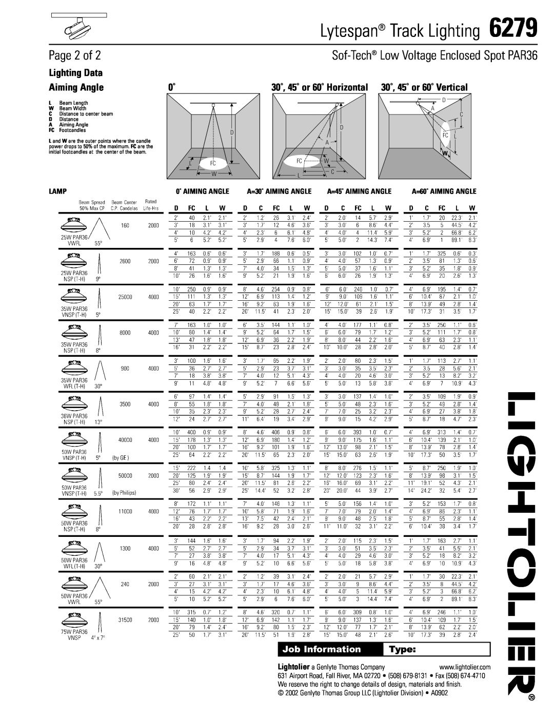 Lightolier 6279 manual Page 2 of, Sof-Tech Low Voltage Enclosed Spot PAR36, Lighting Data Aiming Angle, Type, Lamp 