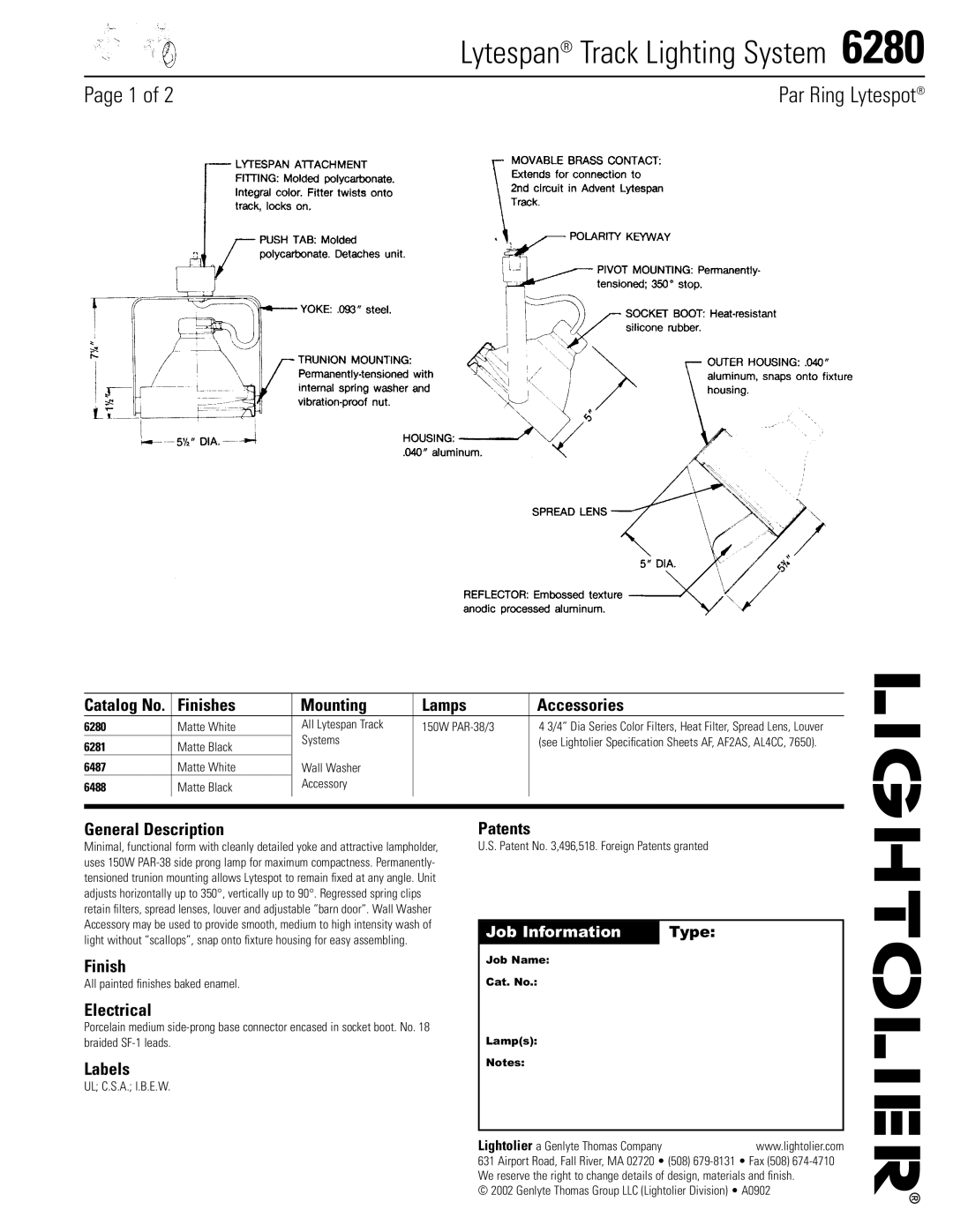 Lightolier 6280 specifications Lytespan Track Lighting System 