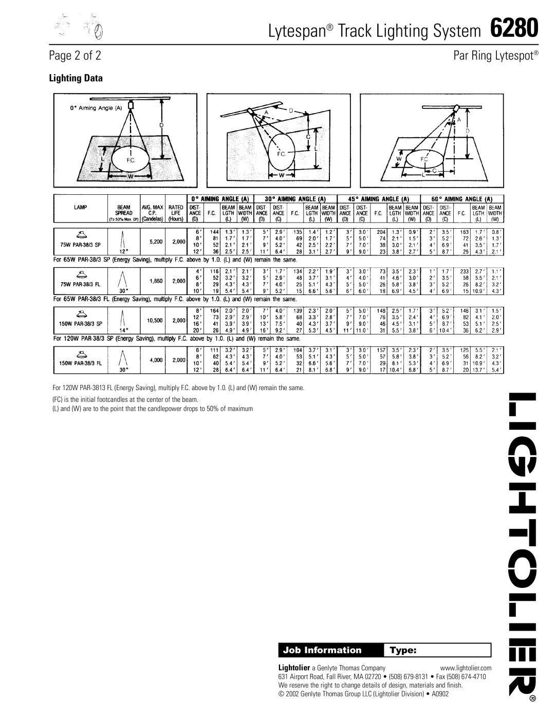 Lightolier 6280 specifications Lighting Data, Job Information, Type 
