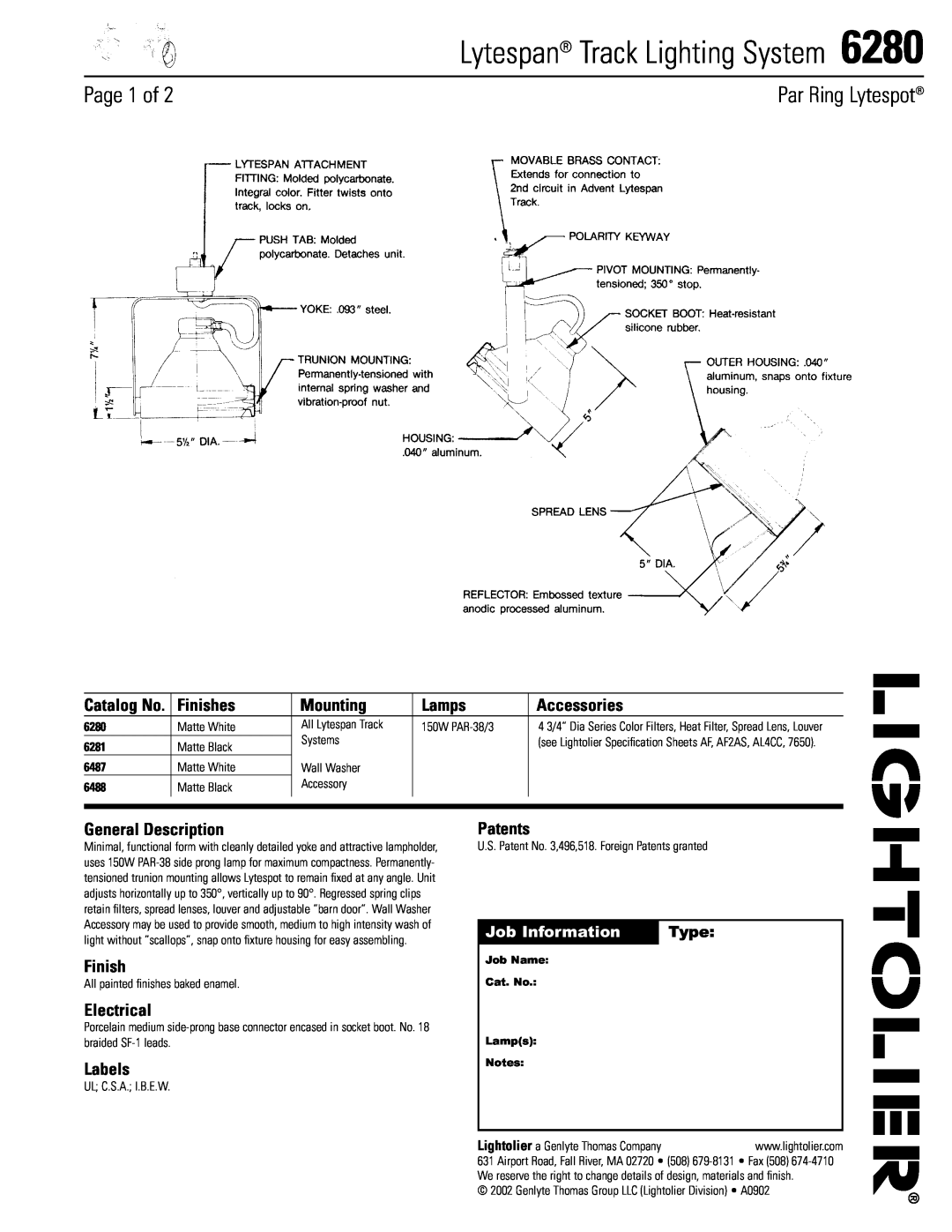 Lightolier 6280 specifications Lytespan Track Lighting System, Page 1 of, Par Ring Lytespot, Finishes, Mounting, Lamps 