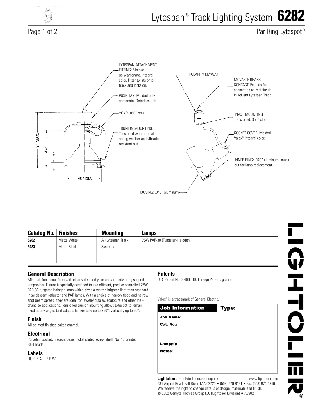 Lightolier 6282 manual Lytespan Track Lighting System 
