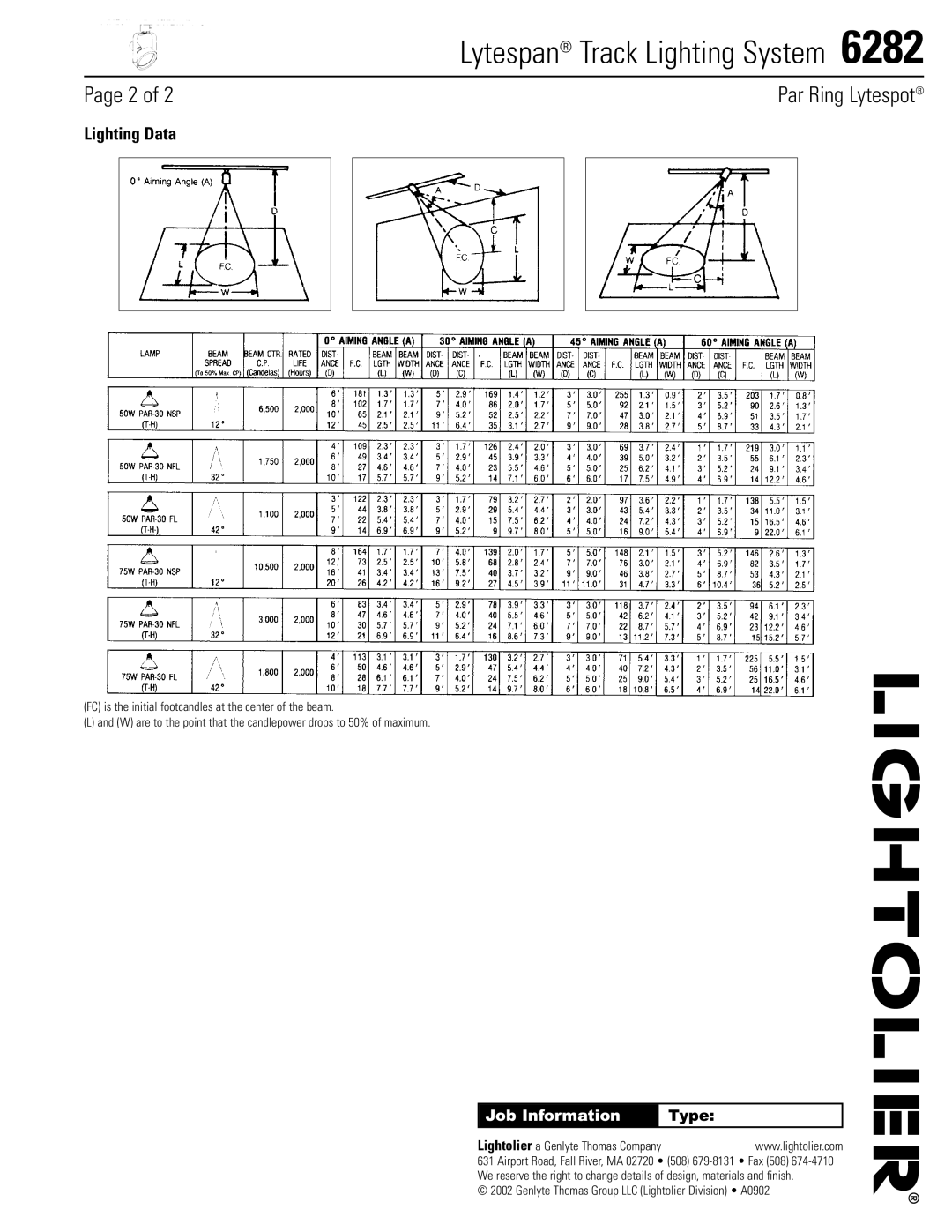 Lightolier 6282 manual Lighting Data, Job Information, Type 