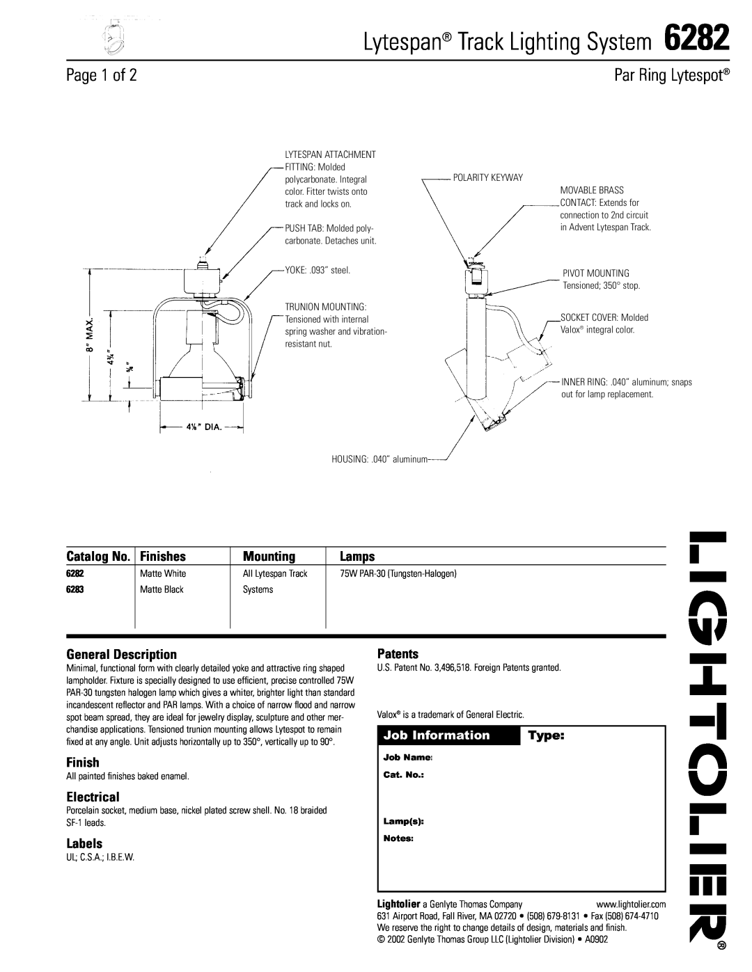 Lightolier 6282 manual Lytespan Track Lighting System, Page 1 of, Par Ring Lytespot, Finishes, Mounting, Lamps, Electrical 