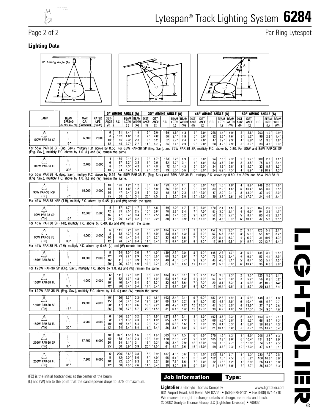 Lightolier 6284 specifications Lighting Data, Job Information, Type 