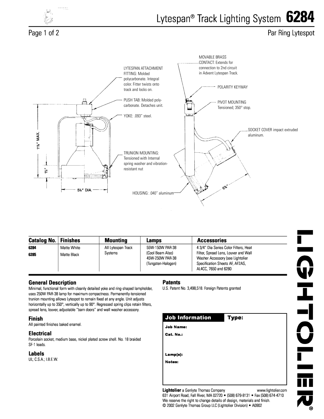 Lightolier 6284 specifications Lytespan Track Lighting System, Page 1 of, Par Ring Lytespot, Finishes, Mounting, Lamps 