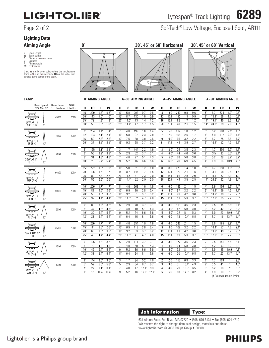 Lightolier 6289 manual Sof-TechLow Voltage, Enclosed Spot, AR111, Lighting Data Aiming Angle, 30˚, 45˚ or 60˚ Horizontal 