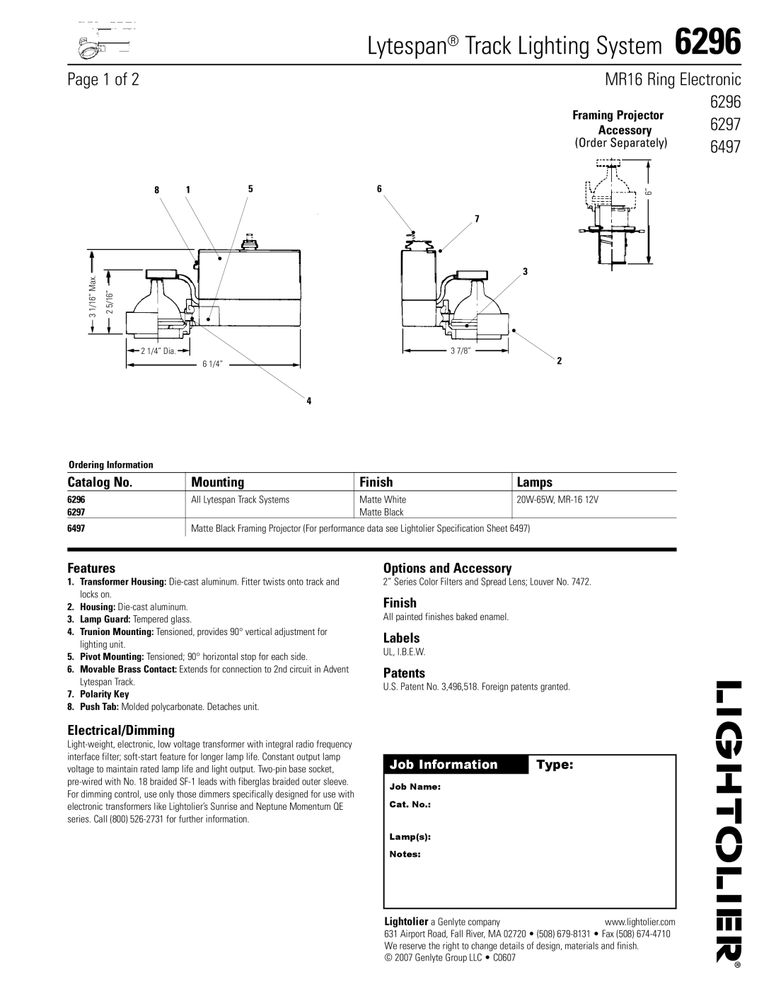 Lightolier 6296 specifications Catalog No Mounting Finish Lamps, Features, Electrical/Dimming, Options and Accessory 