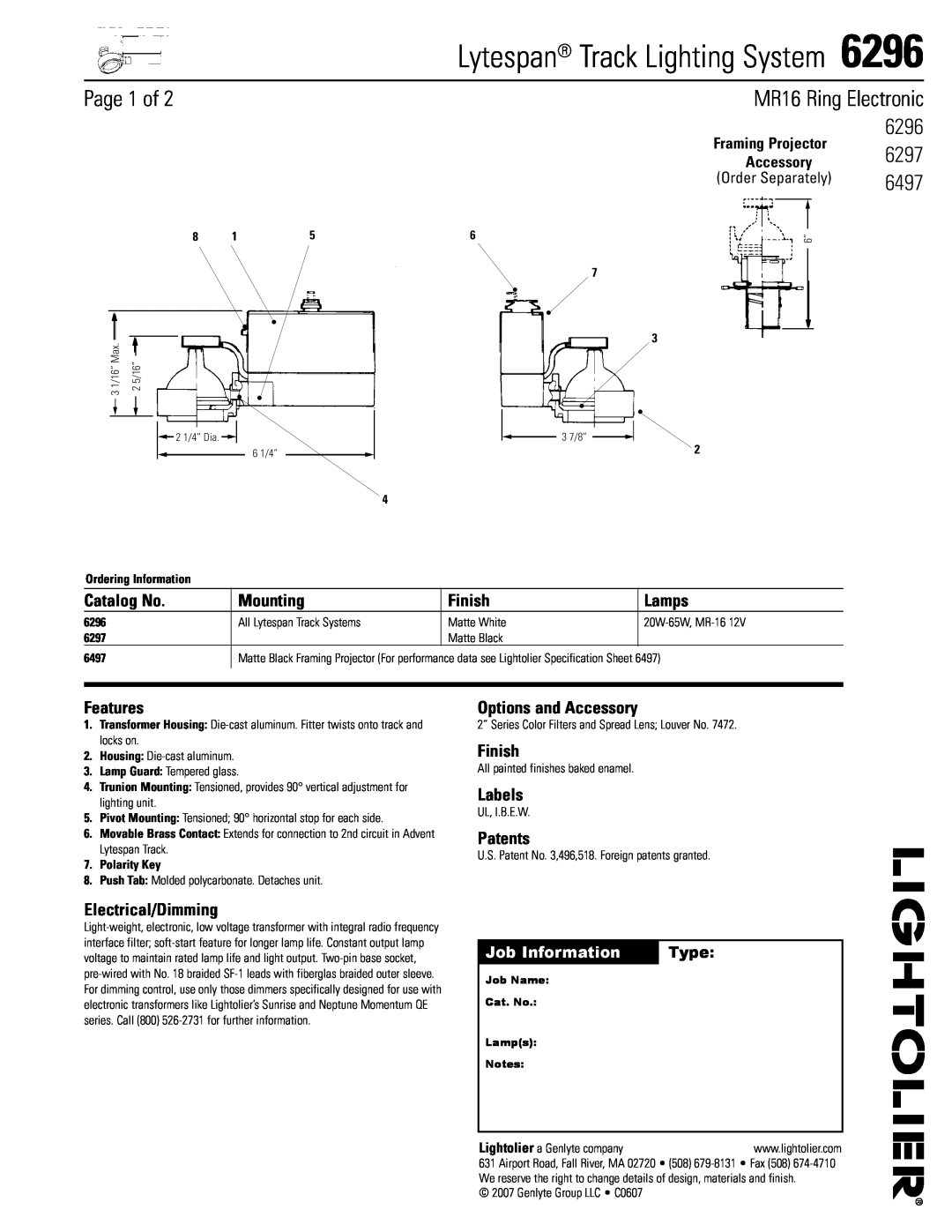 Lightolier 6296 specifications Page 1 of, 6297, 6497, Lytespan Track Lighting System, MR16 Ring Electronic, Catalog No 