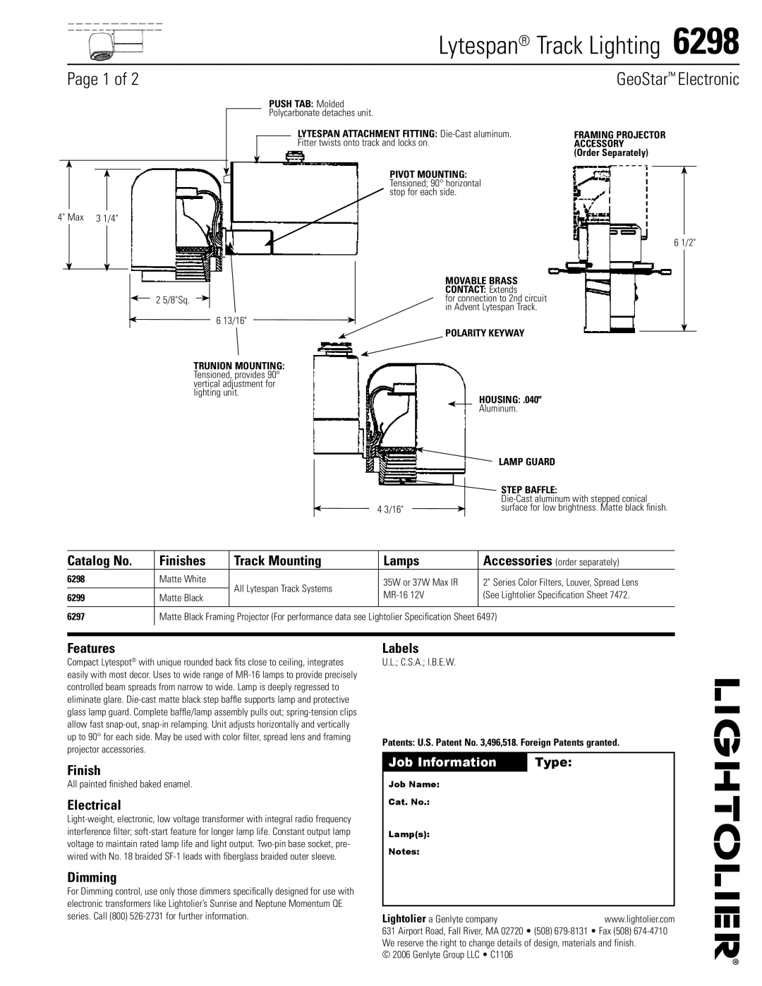 Lightolier 6298 specifications Catalog No Finishes Track Mounting Lamps, Features, Electrical, Dimming, Labels 