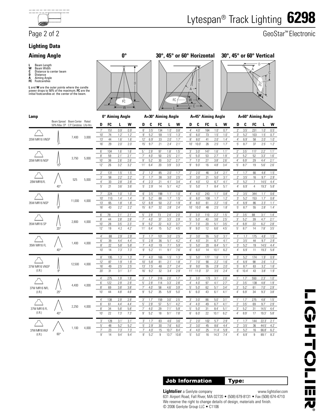 Lightolier 6298 specifications Lighting Data, Aiming Angle 30, 45 or 60 Horizontal 30, 45 or 60 Vertical, Lamp 