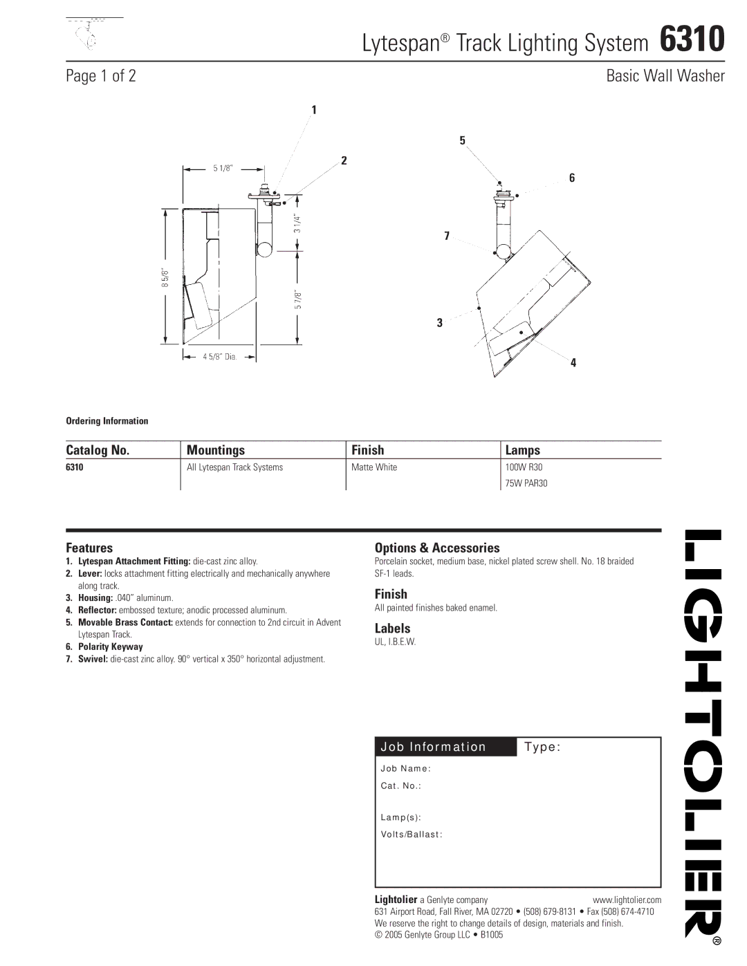 Lightolier 6310 manual Lytespan Track Lighting System, Catalog No Mountings Finish Lamps, Features, Options & Accessories 