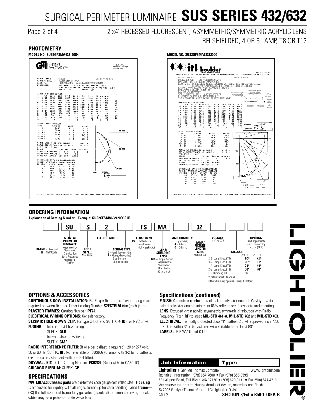 Lightolier 632 dimensions Photometry, Ordering Information, Options & Accessories, Specifications 