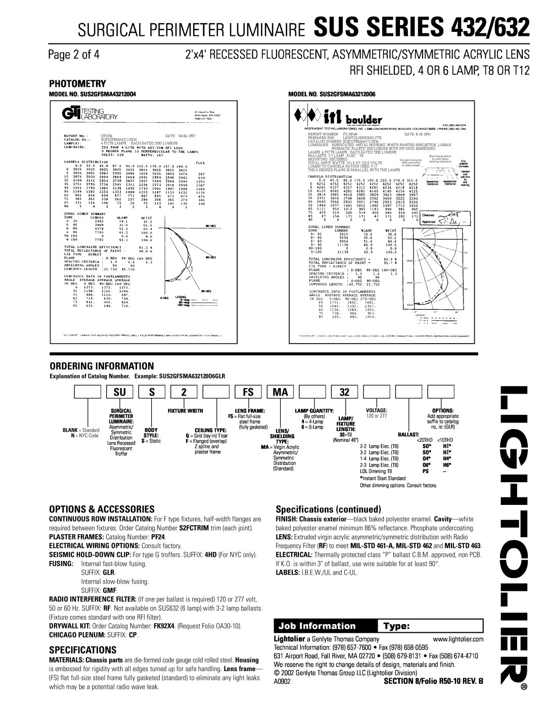 Lightolier 632 Page 2 of, Photometry, Ordering Information, Options & Accessories, Specifications, Job Information, Type 