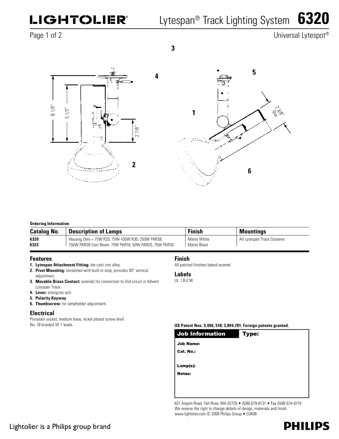 Lightolier 6320 manual Catalog No Description of Lamps Finish Mountings, Features, Labels, Electrical 