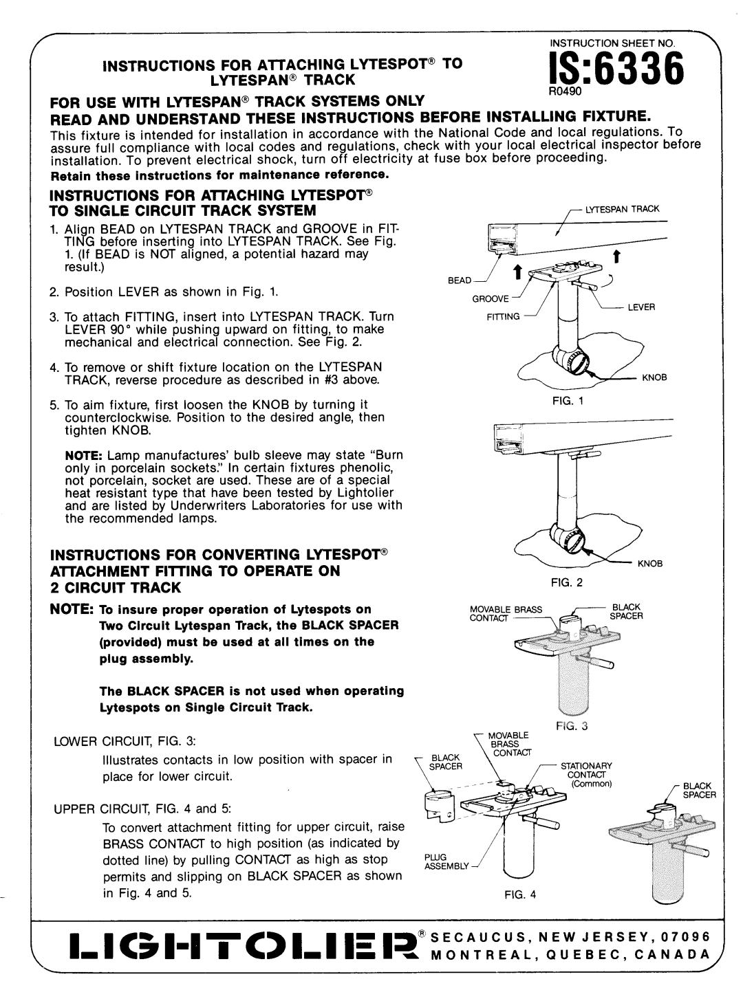 Lightolier instruction sheet IS6336, Instructions for Converting LYTESPOT@ 
