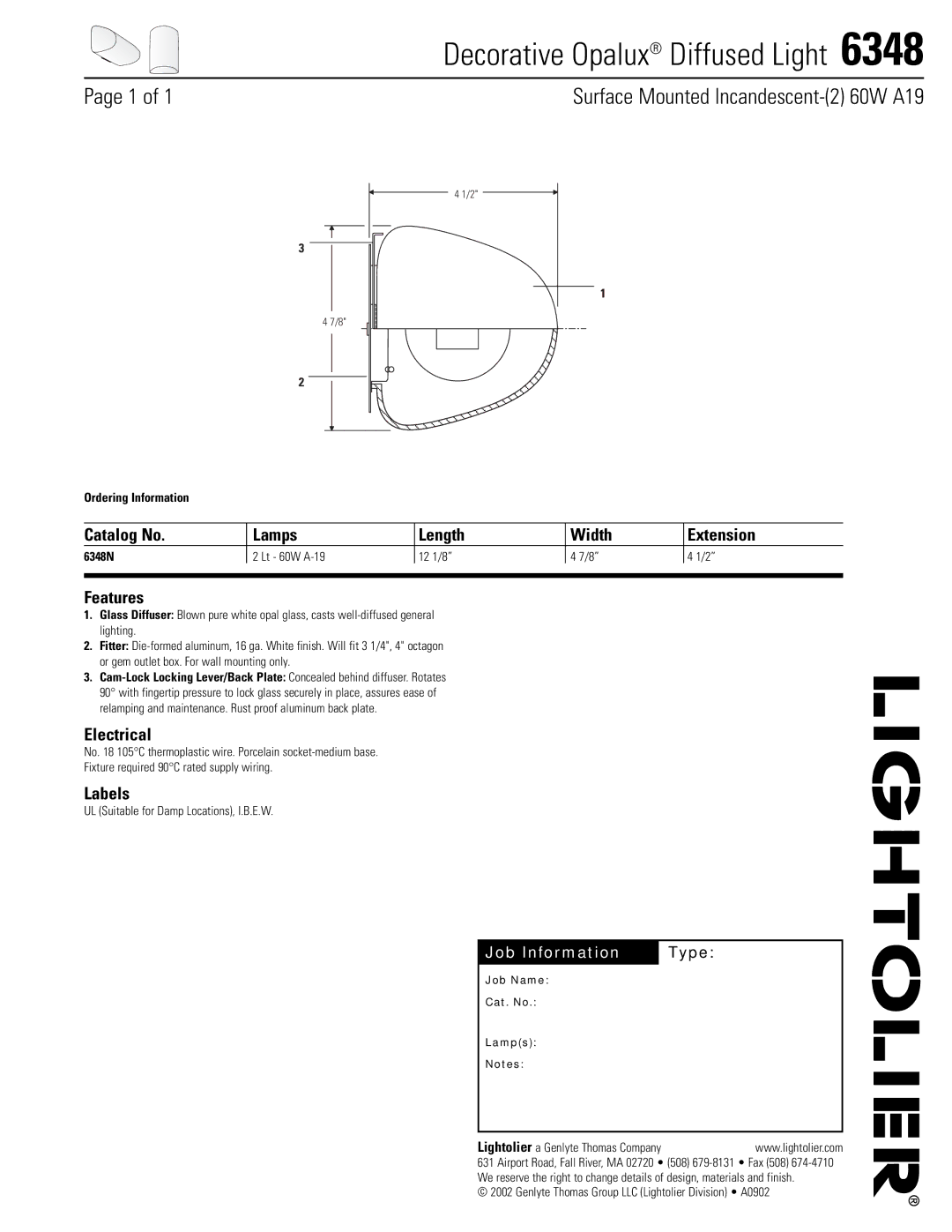 Lightolier 6348 manual Decorative Opalux Diffused Light, Surface Mounted Incandescent-2 60W A19 