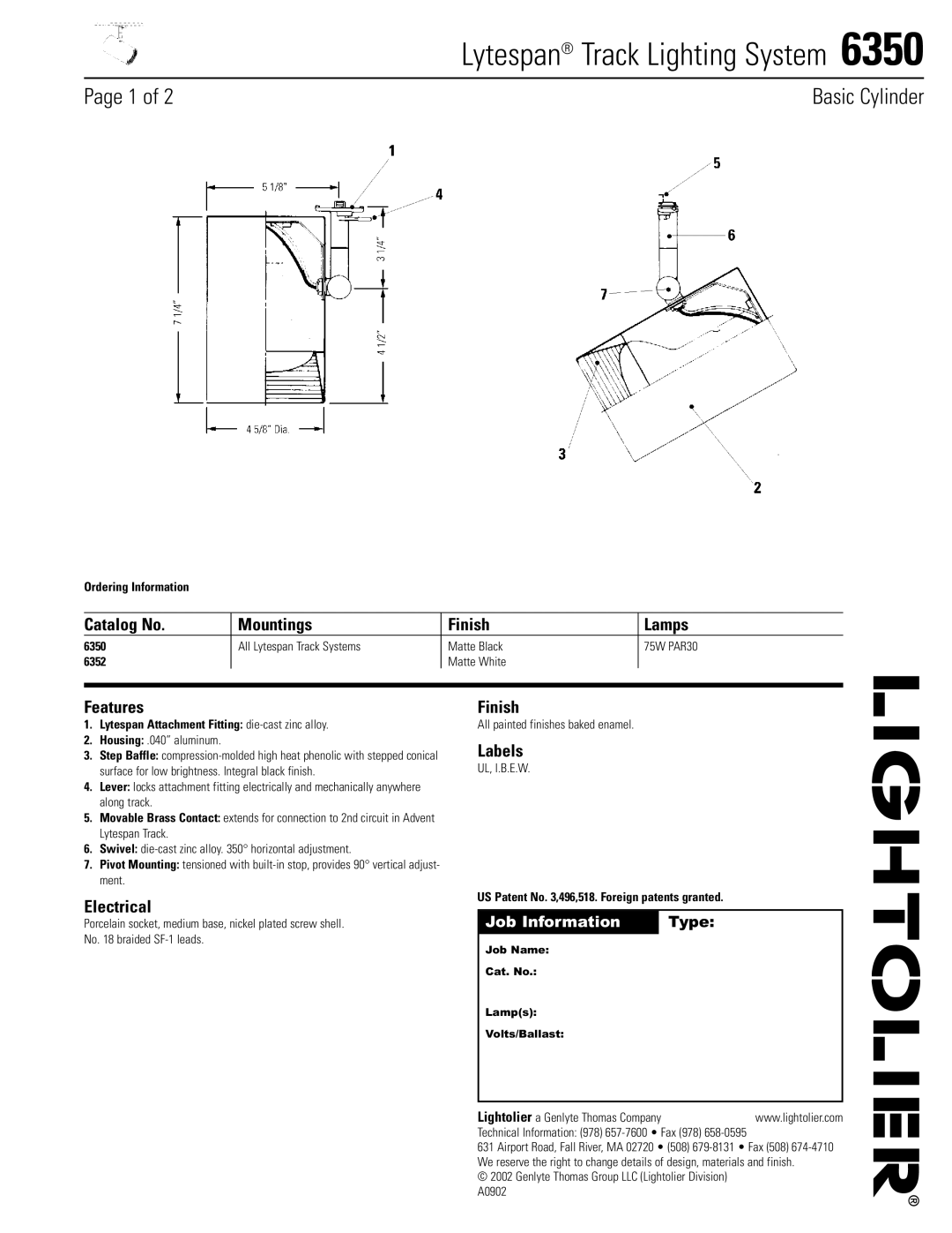 Lightolier 6350 manual Catalog No Mountings Finish Lamps, Features, Electrical, Labels, Job Information Type 