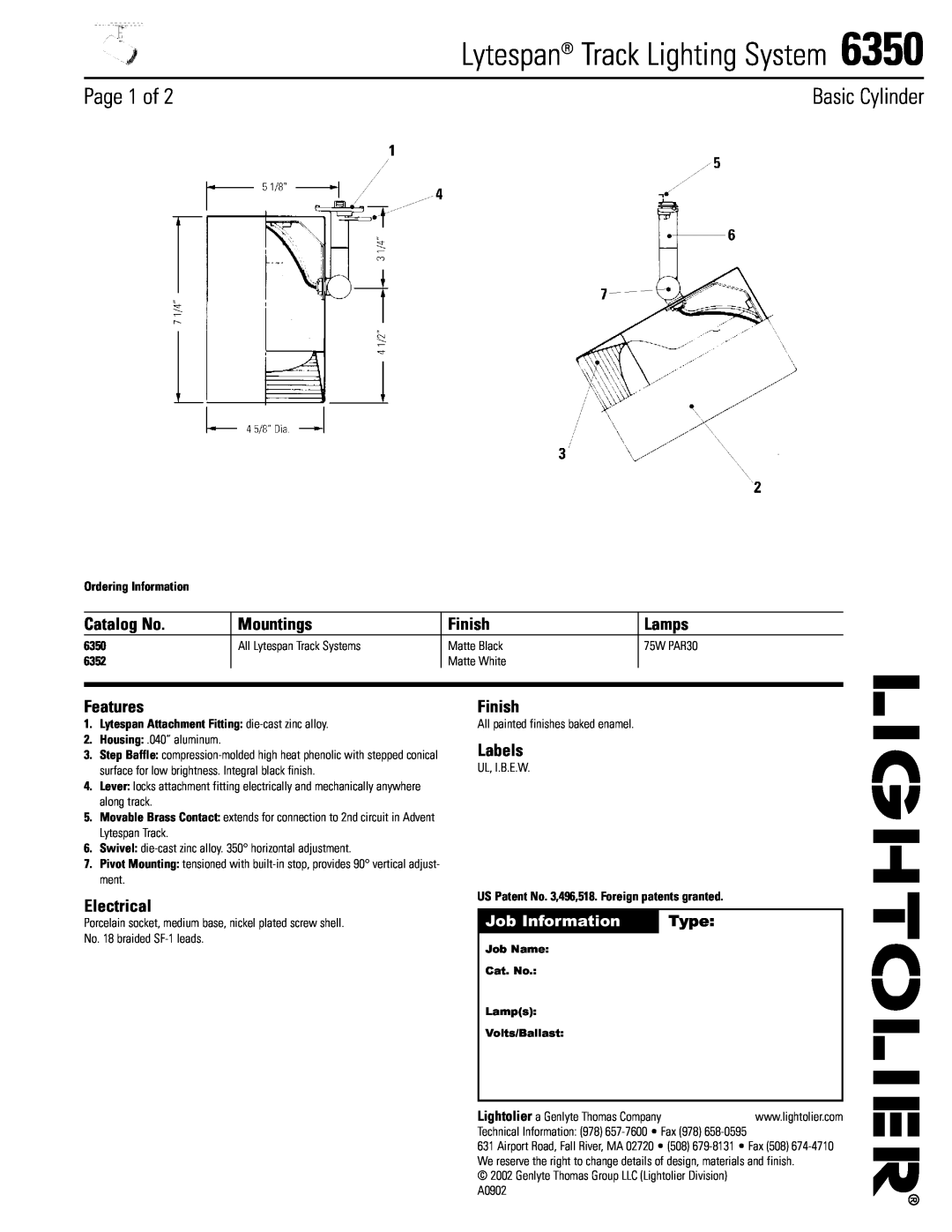 Lightolier 6350 manual Lytespan Track Lighting System, Catalog No, Mountings, Finish, Lamps, Features, Electrical, Labels 