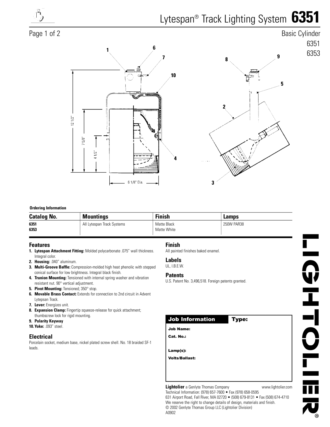 Lightolier 6351 manual Catalog No Mountings Finish Lamps, Features, Electrical, Labels, Patents 