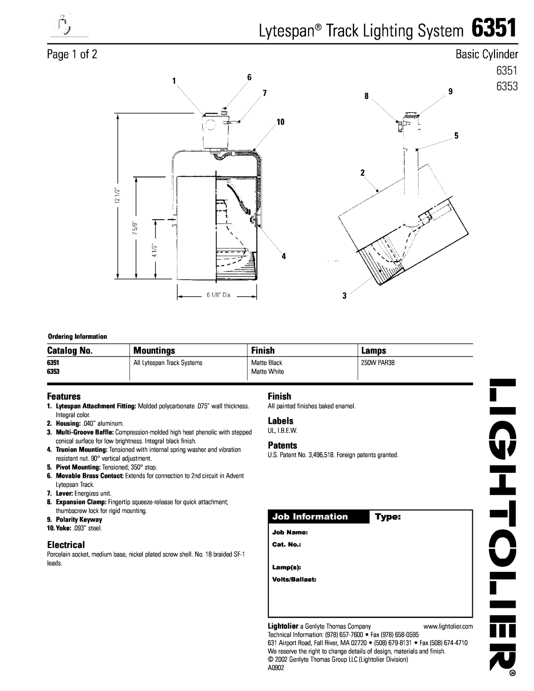 Lightolier 6351 manual Page 1 of, Basic Cylinder, Catalog No, Mountings, Finish, Lamps, Features, Electrical, Labels, Type 