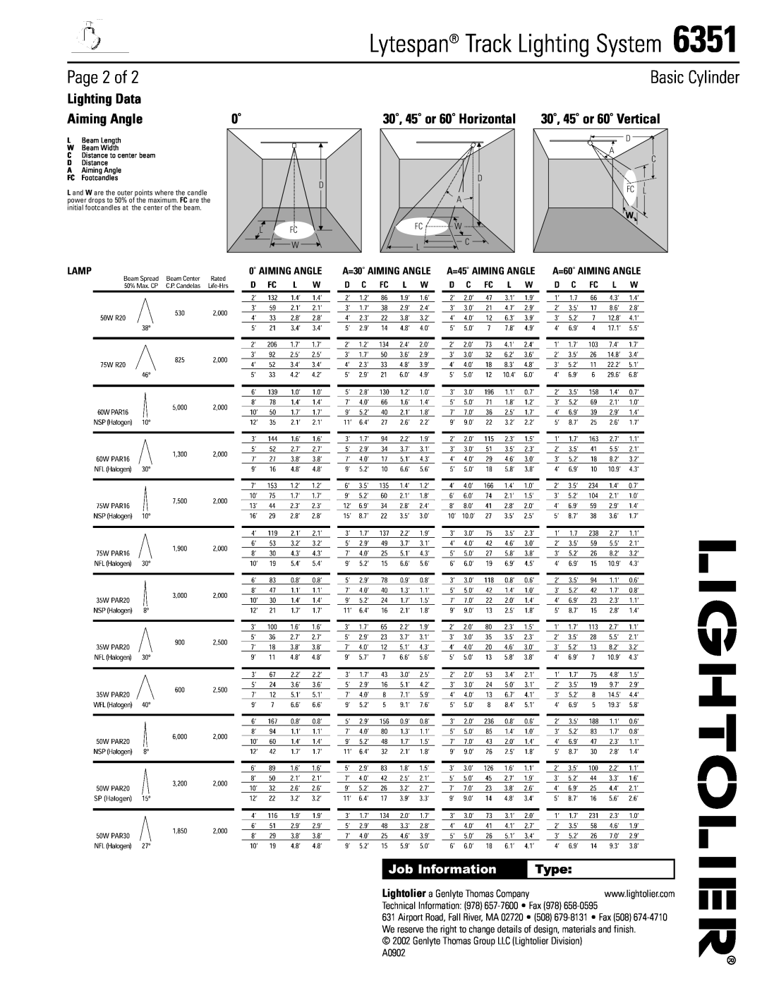 Lightolier 6351 Page 2 of, Lighting Data, Aiming Angle, Lamp, A=30˚ AIMING ANGLE A=45˚ AIMING ANGLE, Basic Cylinder, Type 